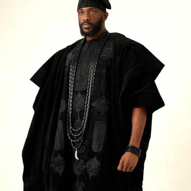 Black Agbada Embellished with Black Swarovski Stones