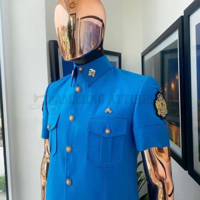 Blue Safari Suit with Gold Metal Buttons & Classic Turn-Up Pants