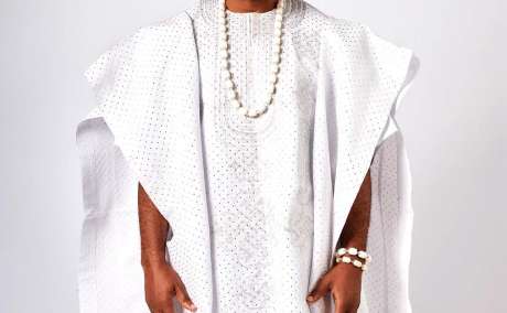 White Asooke Agbada with Dazzling Rhinestone Embellishments