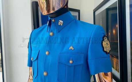 Bleu Safari Suit with Gold Metal Buttons & Classic Turn-Up Pants