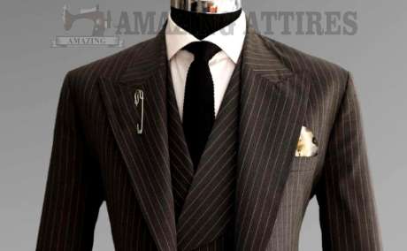 Brown Stripped Three Piece Single Button Tuxedo Suit with Matching Pants