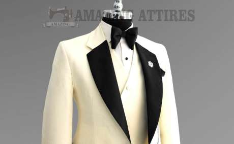 Cream Detailed Tuxedo Suit with Black Lapels and Deep Black Pants