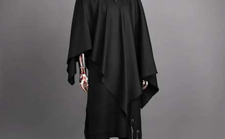 Black Slide-Cut Cape Kaftan with Swarovski Buttons