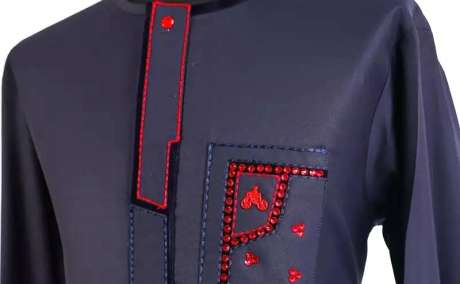 Midnight Majesty: Blue Kaftan with Tomato Red Swarovski Brilliance