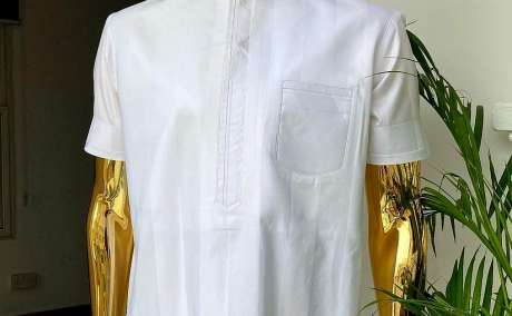 White Kaftan with Pink Kanuri Cap