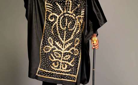 Royal Eclipse: Black Agbada Glowing with Golden Threads & Crystal Stone