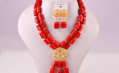 Heritage Flame: Handcrafted Orange Coral Bead Bridal Necklace