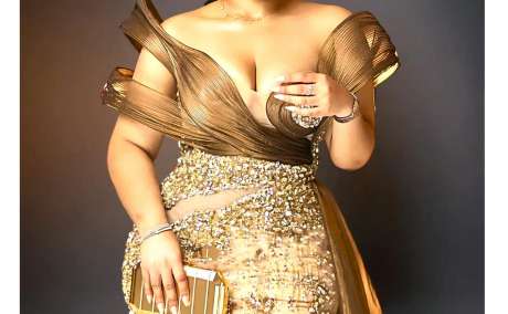 Luxury Pearls Cocktail Dress in Gold & Brown