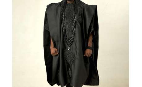 Luxury in Motion: Black Satin Agbada with Dazzling Rhinestones