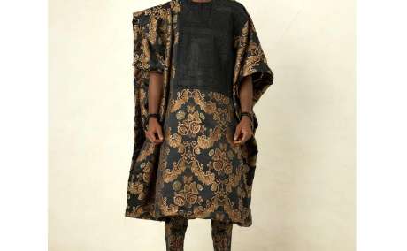 Elegant Black: Floral Jacquard Stoned Three-Piece Agbada Set