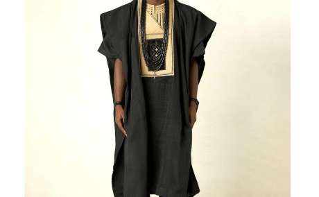 Regal Black: Aso Oke Agbada Set Featuring Detailed Gold Embroidery