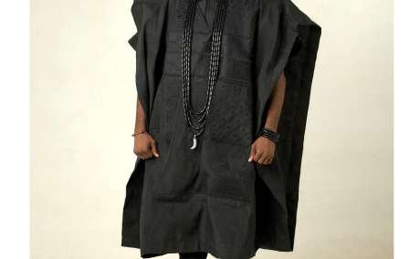 Traditional Black: Aso Oke Three-Piece Agbada Attire