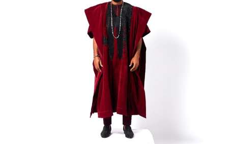Elegant Burgundy Velvet:  Agbada with Rhinestone Embellishments