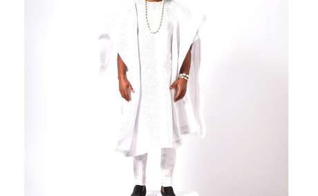 Luxurious White: Aso Oke Agbada Adorned with Rhinestones