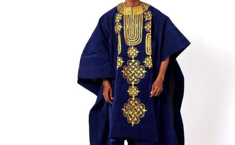 Elegant Navy Blue: Agbada with Traditional Arewa Embroidery
