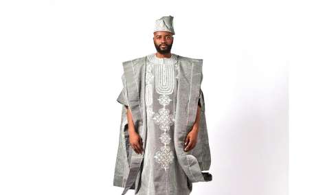 Luxurious Grey Asooke: Agbada Adorned with Sparkling Rhinestones