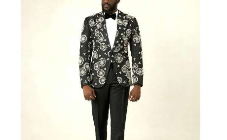 Crystal Noir: Black Jacquard Tuxedo with Dazzling Rhinestone Accents