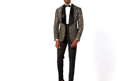 Black & Gold Elegance: Rhinestone Studded Jacquard Tuxedo Suit