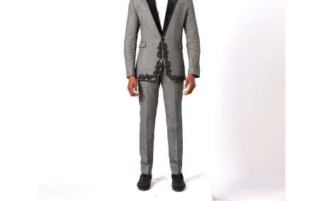 Refined Elegance: Embellished Grey Two-Piece Peak Lapel Tuxedo Suit
