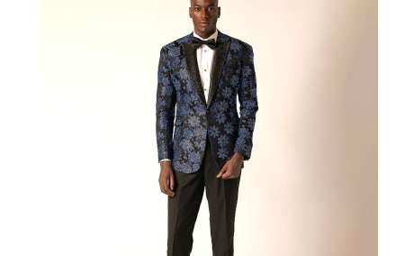 Rhinestone Royalty: Black & Blue Damask Peak Lapel Tuxedo