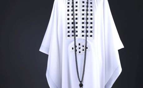 Regal Precision: White Agbada with Embroidery and Sparkling Swarovski Stones