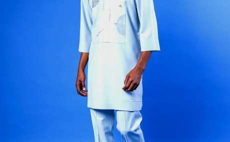 Celestial Elegance: Sky Blue Jacquard Senator Kaftan