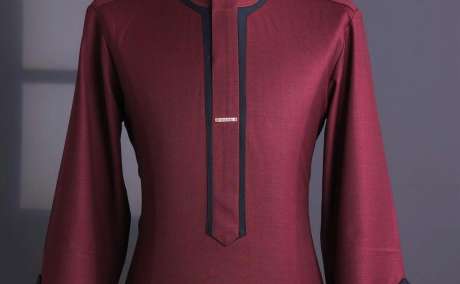 Burgundy Majesty: Black-Trimmed Senator Kaftan with Swarovski Finish