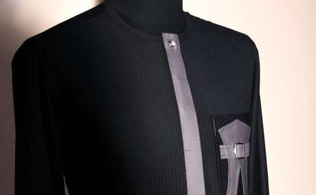 Regal Edge: Black Pencil Stripe Native Kaftan with Buckle & Pocket Wings