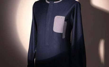 Urban Majesty: Black Pencil Stripe Kaftan with Dropping Pocket & Flap Accent