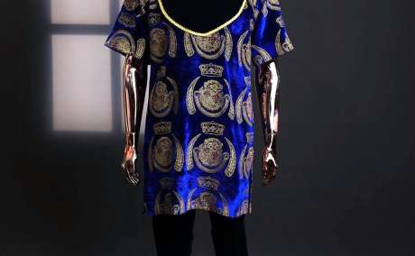 Royal Essence: Gold-Trimmed Blue Isiagu with Matching Fringe