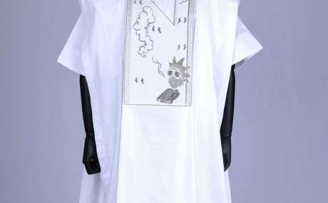 Tranquil Elegance: White Agbada with Smoke & Gin Gang Embroidery