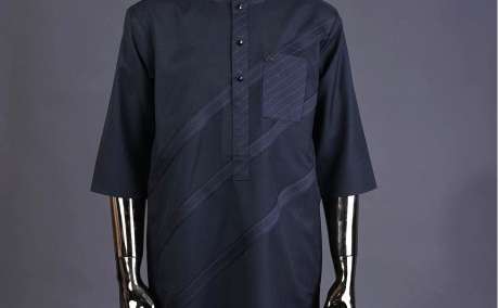 Twilight Stripes: Charcoal and Blue Kaftan Featuring Cross-Over Design & Swarovski Buttons
