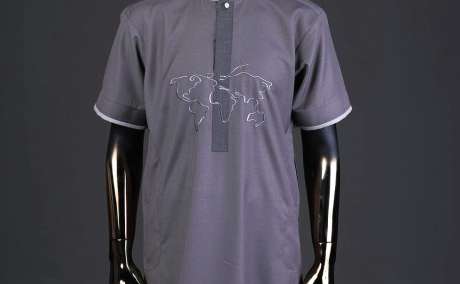 Global Voyage: Fossil Grey Kaftan with Embroidered World Map & Swarovski Detail