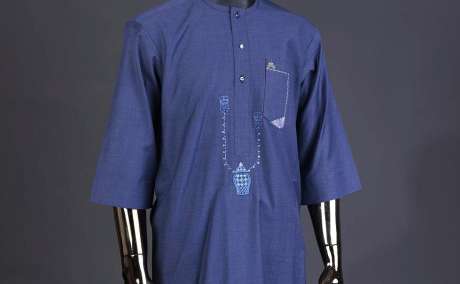 Navy Voyage: Kaftan Adorned with Sailor and Basket Embroidered Accents