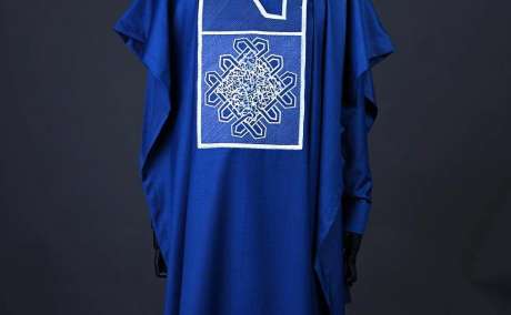 Regal Angles: Cobalt Blue Agbada with Geometric Embroidery