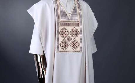 Celestial Porcelain: Agbada with Woven Cloud & Dotted Embroidery