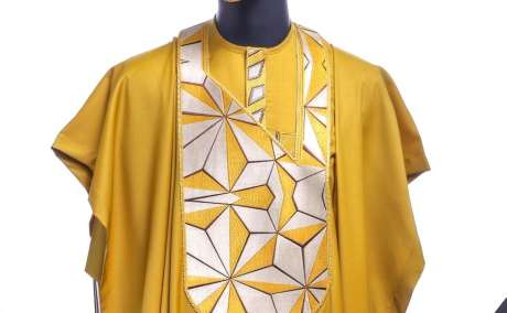 Radiant Medallion: Yellow Agbada with Sun Set In The East Embroidery