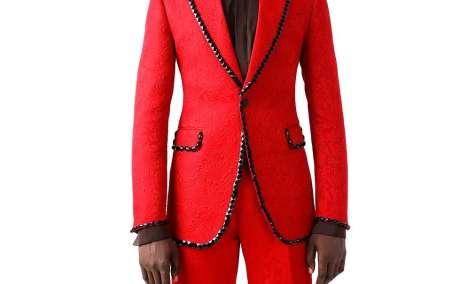 Red Reign: Embroidered Suit with Bold Black Contrast