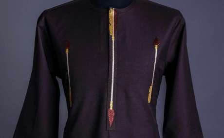 Tribal Elegance: Chocolate Brown Senator Kaftan with Arrow Embroidery Accents