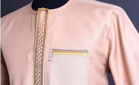 Golden Whirl: Mustard Brown Senator Kaftan with Spiral & Interwoven Embroidery