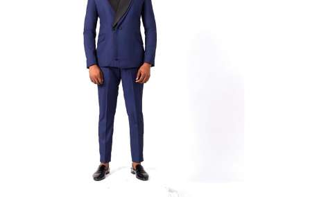 Sapphire Night: Double-Lapel Navy Blue Wool Tuxedo Suit