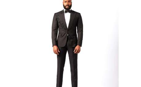 Midnight Prestige: Black Wool Peak Lapel Embellished Suit