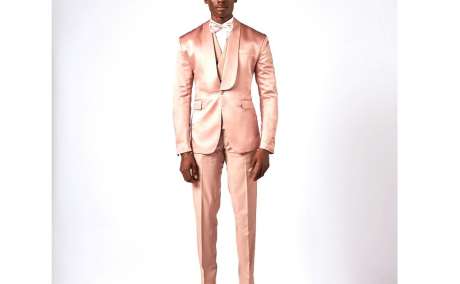Blush Opulence: Onion Pink Satin Shawl Lapel Three-Piece Tuxedo
